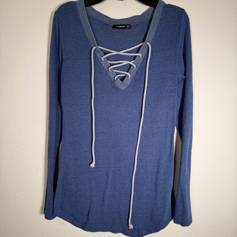 PattyBoutik Blue Lace-Up Long Sleeve Top